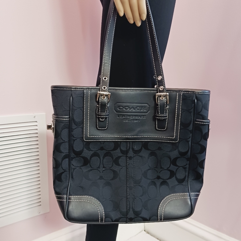 COACH Y2k Logo Canvas Black Leather Tote Handbag Top Zip Turnlock Pockets EUC